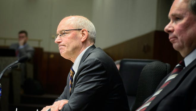 Minnesota Management and Budget Commissioner Myron Frans faces tough questioning at the House Ways and Means Committee hearing about Governor Dayton's raises for commissioners, Monday, Feb. 9, 2015 at the statehouse in St. Paul. as Chairman Jim Knoblach looks on. (AP Photo/Star Tribune, Glen Stubbe)