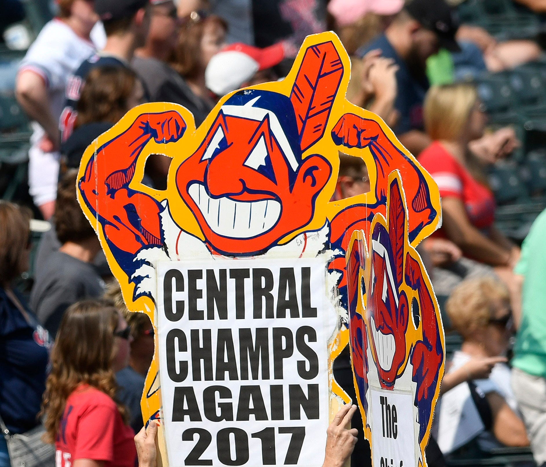 Sep 17, 2017; Cleveland, OH, USA; An Indians fan holds up a sign before a game between the Cleveland Indians and the Kansas City Royals at Progressive Field. Mandatory Credit: David Richard-USA TODAY Sports ORG XMIT: USATSI-353334 ORIG FILE ID:  2017