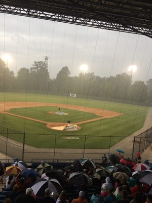 Rain falls on the field at the USA Baseball Stadium in Millington and ended the North Mississippi-West Tennessee All-Star Baseball Game on Wednesday.