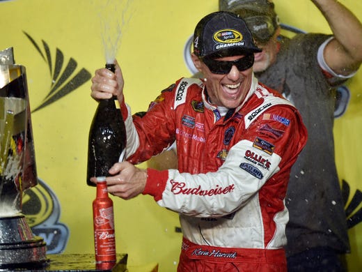 Kevin Harvick celebrating his victory in the season