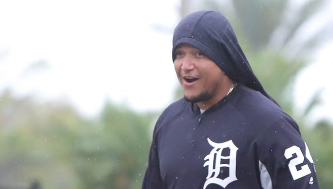 Tigers infielder Miguel Cabrera walks to the batting cage during spring training Feb. 22, 2017 in Lakeland, Fla.