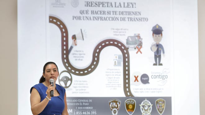 Adriana Martinez, the Mexican Consulate in El Paso's consul for community affairs, gives a presentation Feb. 23 on what to do if one is stopped by law enforcement.