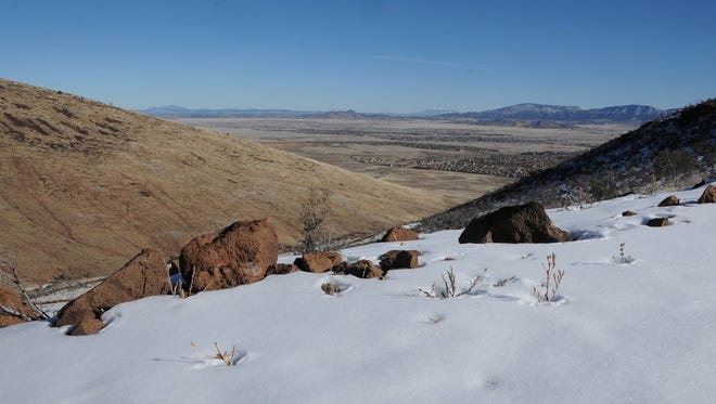 The peaks of Flagstaff and Prescott can be seen in the distance from the Glassford Hill Summit Trail in Prescott Valley.