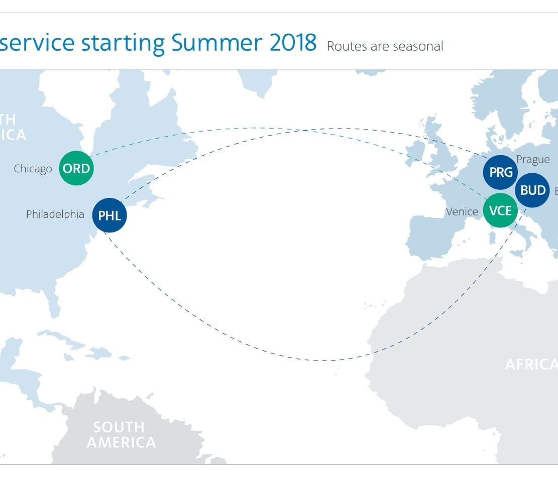 American Airlines included this map summarizing its new European service slated to begin in spring 2018.