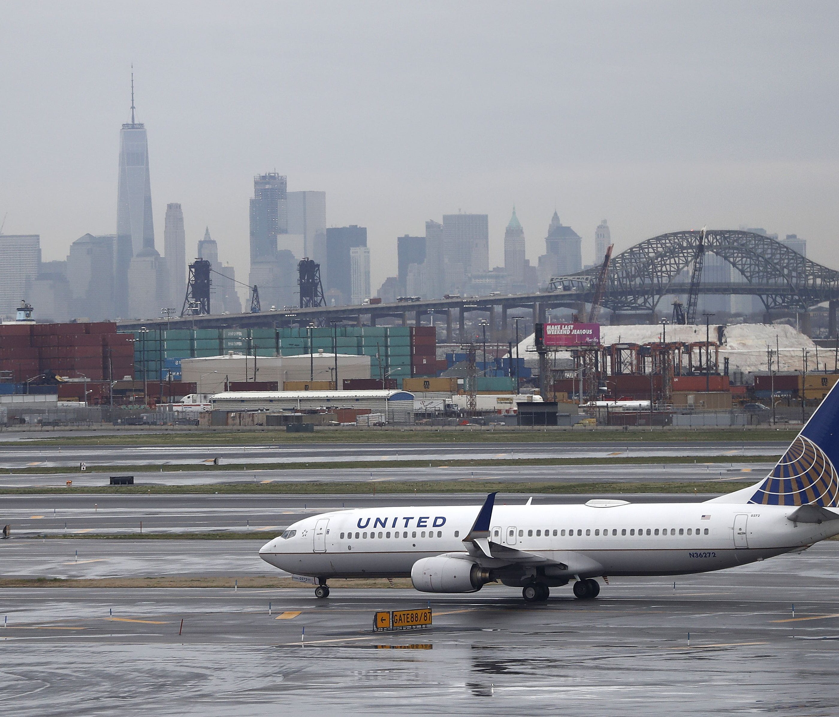 A United Airlines jet taxis at Newark Liberty International Airport on April 12, 2017.