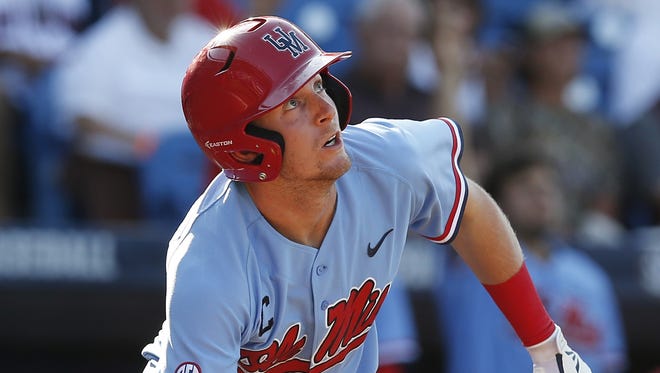 Center fielder J.B. Woodman tracks a solo home run during the Southeastern Conference Tournament. He is one of as many as eight Ole Miss players who could be chosen in the MLB Draft that starts Thursday.