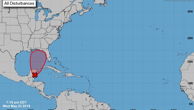 According to the National Hurricane Center's 7:10 p.m. update on Wednesday, May 23, 2018, there is a 70 percent chance that a tropical depression forms in the Gulf of Mexico within the next five days.
