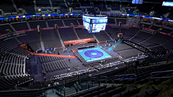 Mar 22, 2014; Oklahoma City, OK, USA; A general view of the court at the NCAA wrestling Division I championship at Chesapeake Energy Arena. Mandatory Credit: Alonzo Adams-USA TODAY Sports