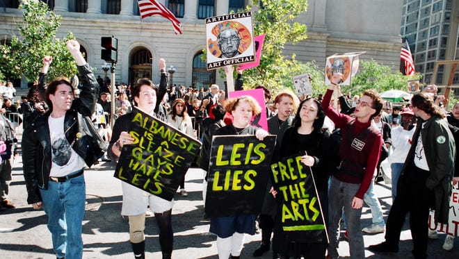 Sept. 25, 1990:  A crowd of protesters marched on Fountain Square, the CAC and the Hamilton County Courthouse in Cincinnati. Activists form Cincinnati, New York City and Columbus joined the rally.