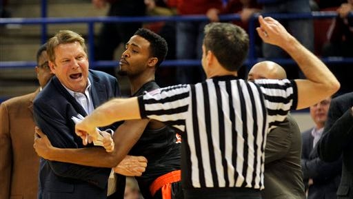 UTEP head coach Tim Floyd gets ejected from game early during the second half of an NCAA college basketball game against Louisiana Tech in Ruston, La., Thursday, Feb. 26, 2015. (AP Photo/Kita Wright)