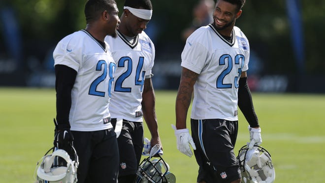 The Detroit Lions' top three cornerbacks this season appear to be, from left, Quandre Diggs, Nevin Lawson and Darius Slay.