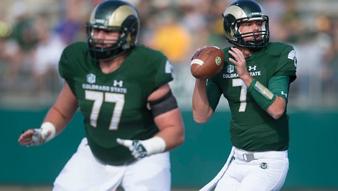 Center Jake Bennett protects CSU quarterback Nick Stevens during a 2016 game against Fresno State at Hughes Stadium. Bennett is one of three former CSU players in the new Alliance of American Football, which begins its inaugural season this weekend.