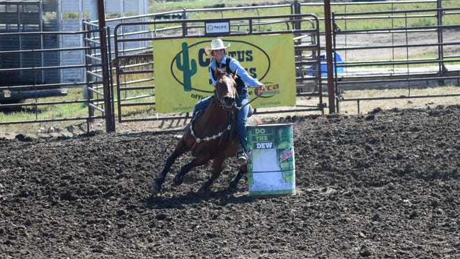 Abby Knight competing in barrel racing for the University of Great Falls in 2017.