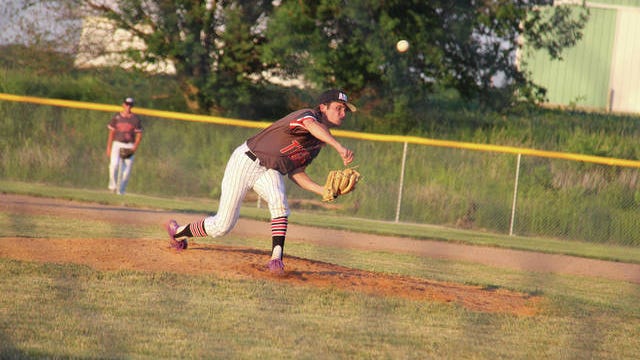 ADM junior Ethan Juergens pitching against Perry Wednesday, June 17. PHOTO BY ALLISON ULLMANN/DALLAS COUNTY NEWS