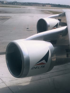 Two engines of a Delta Air Lines Boeing 747 are seen