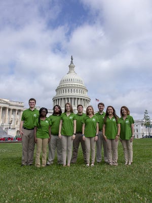 In front of the U.S. Capitol are, from left, Silas Freeze, Ashley Becton, Joshua Hairston, Hannah Causer, Jacob Rhodes, Presley Jones, Gibson County High School English Teacher Donnie Bailey, Summer Farley and Gibson EMC Key Accounts Representative Cynthia McClure.