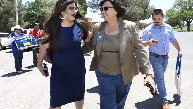 Former Dallas County Sheriff Lupe Valdez, right, talks with State Rep. Mary Gonzalez during her campaign stop Friday at the Pavo Real Recreation Center. Mary Gonzalez said that having an LGBTQ candidate for Governor is an inspiration to her and paves the way for her future political career. 