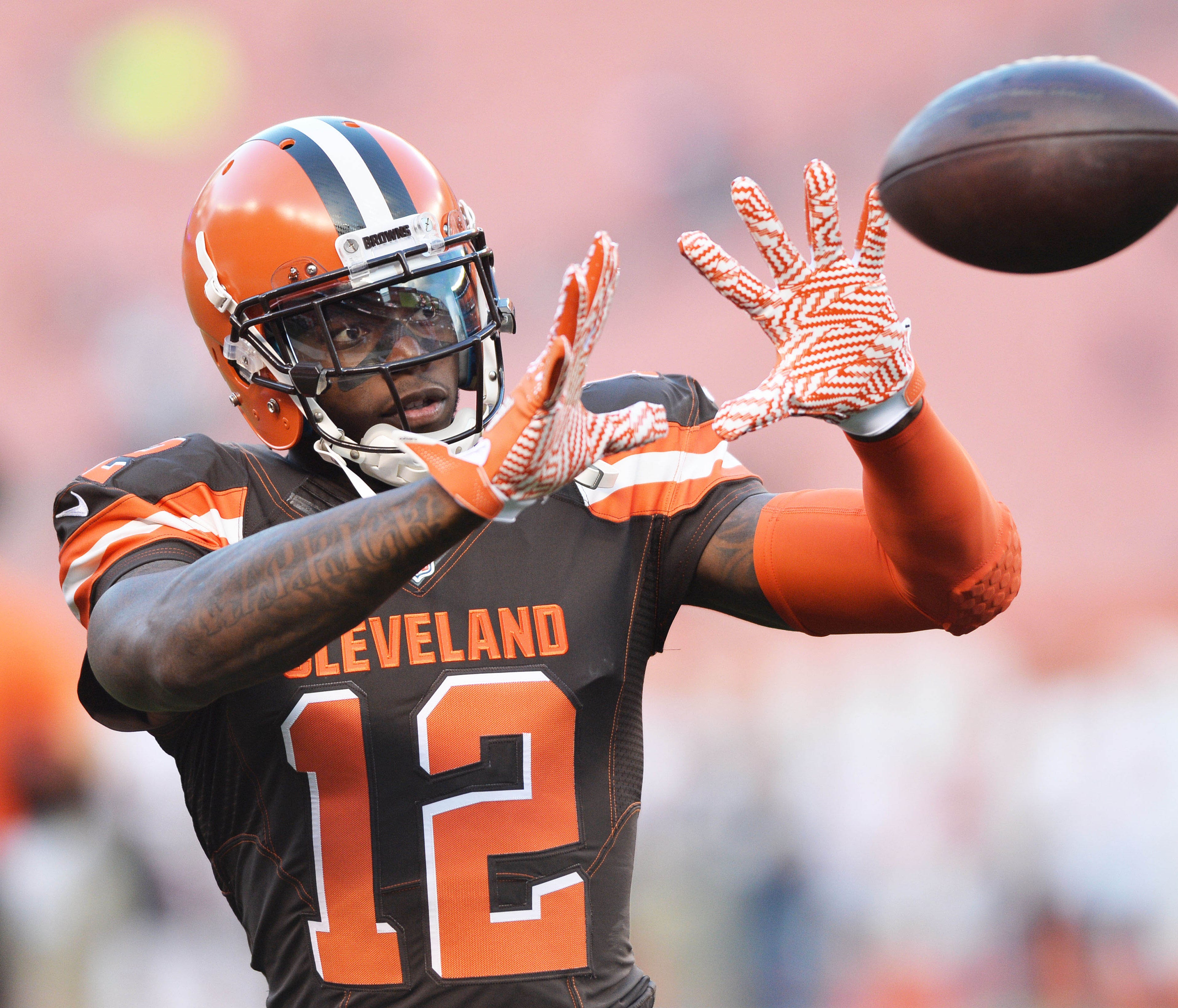 Sep 1, 2016; Cleveland, OH, USA; Cleveland Browns wide receiver Josh Gordon (12) warms up before the game between the Cleveland Browns and the Chicago Bears at FirstEnergy Stadium. Mandatory Credit: Ken Blaze-USA TODAY Sports ORG XMIT: USATSI-269006 