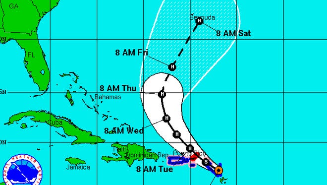 The predicted track of Gonzalo shows it affecting Puerto Rico and the U.S. Virgin Islands.