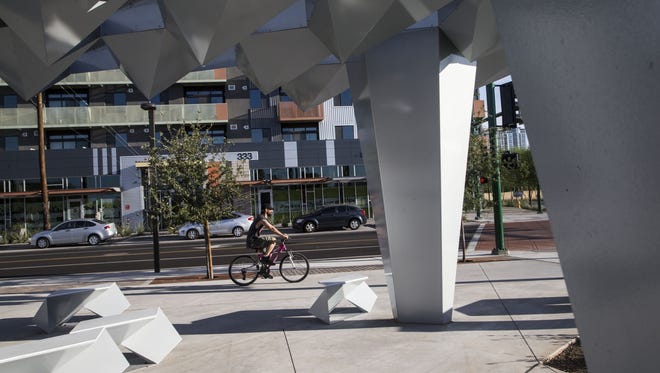 The new Roosevelt Row streetscape public-art installation "Shadow Play" is at Third and Roosevelt streets.