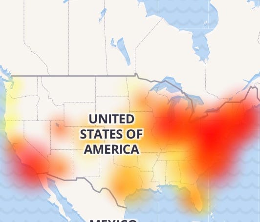 A map showing a Sprint cell phone outage on Monday, June 19,2017 at 4:00 pm EDT.