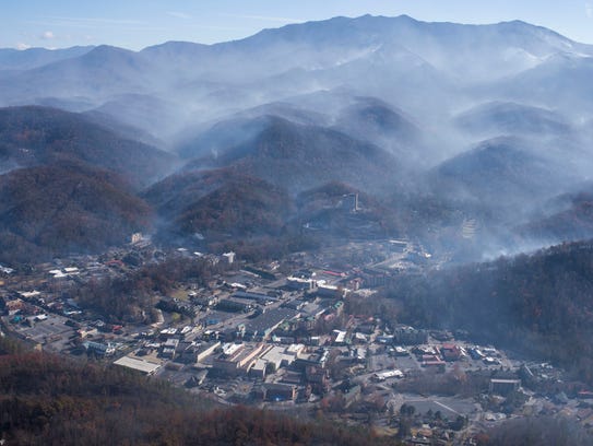 An aerial view shows Gatlinburg the day after a wildfire