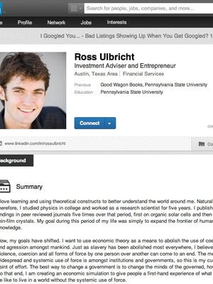 Screen shot shows the LinkedIn profile page of convicted Silk Road founder Ross Ulbricht.