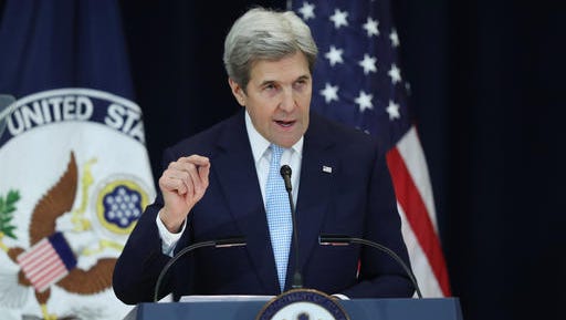 Secretary of State John Kerry speaks about Israeli-Palestinian policy, Wednesday, Dec. 28, 2016, at the State Department in Washington.