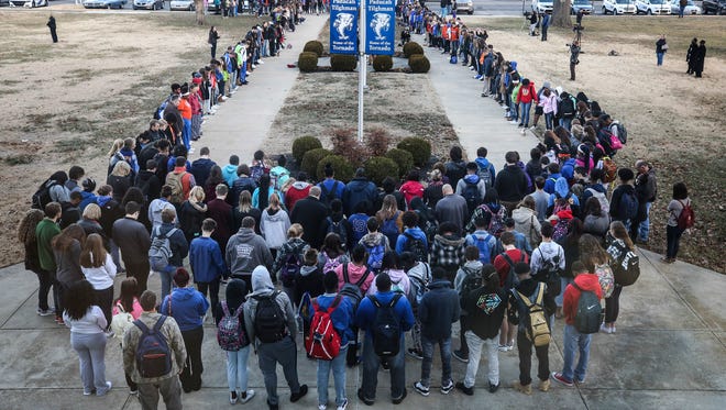 A prayer circle at Paducah Tilghman High School held a prayer circle on Wednesday morning at the school for students at Marshall County High School where two students were killed and 18 others were injured during a shooting on Tuesday morning.January 23, 2018