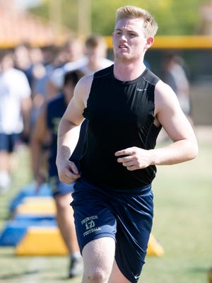 Desert Vista tight end and defensive lineman James Stagg during a spring football workout at Desert Vista High School in Ahwatukee on Tuesday, April 26, 2016.