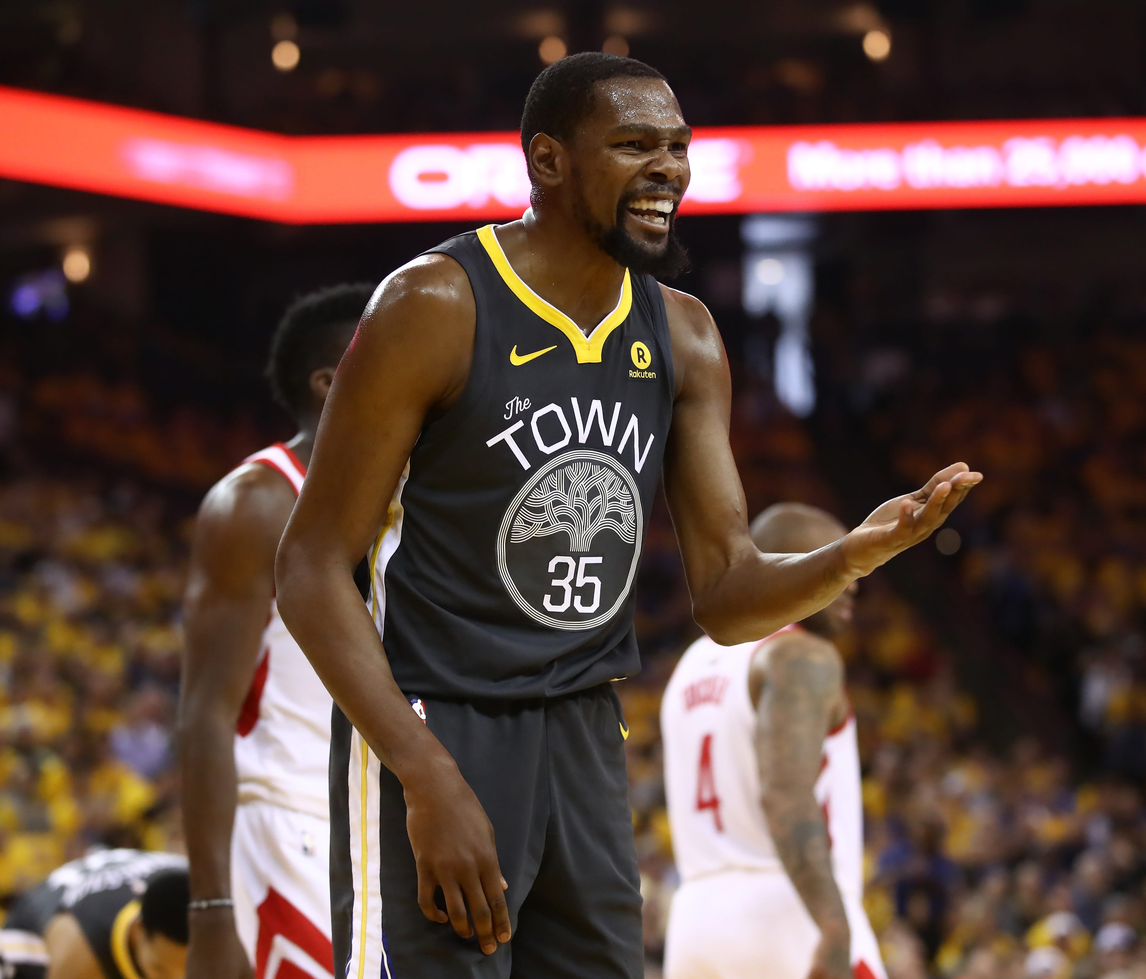 Kevin Durant reacts to a play during the Golden State Warriors' Game 4 loss to the Houston Rockets.
