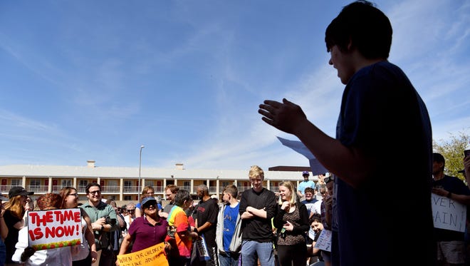Anlyn Piersall, 13 and an eighth grader at Craig Middle School, speaks to crowd during Saturday's March for Our Lives demonstration at Abilene City Hall March 24, 2018. Groups from cities across the nation marched to demonstrate against gun violence and to call for stricter gun laws. 