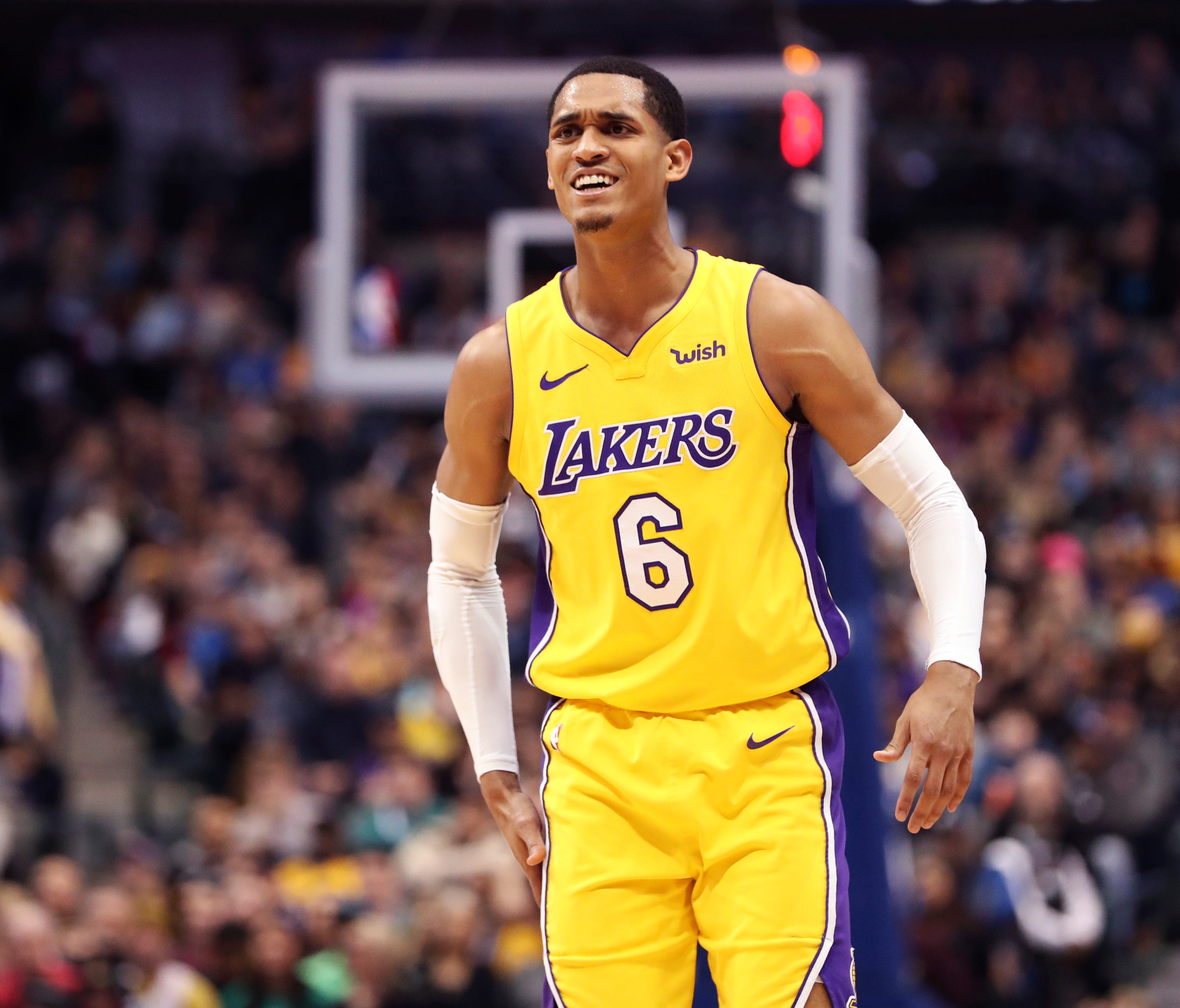Los Angeles Lakers guard Jordan Clarkson reacts  during the second half against the Dallas Mavericks at American Airlines Center.