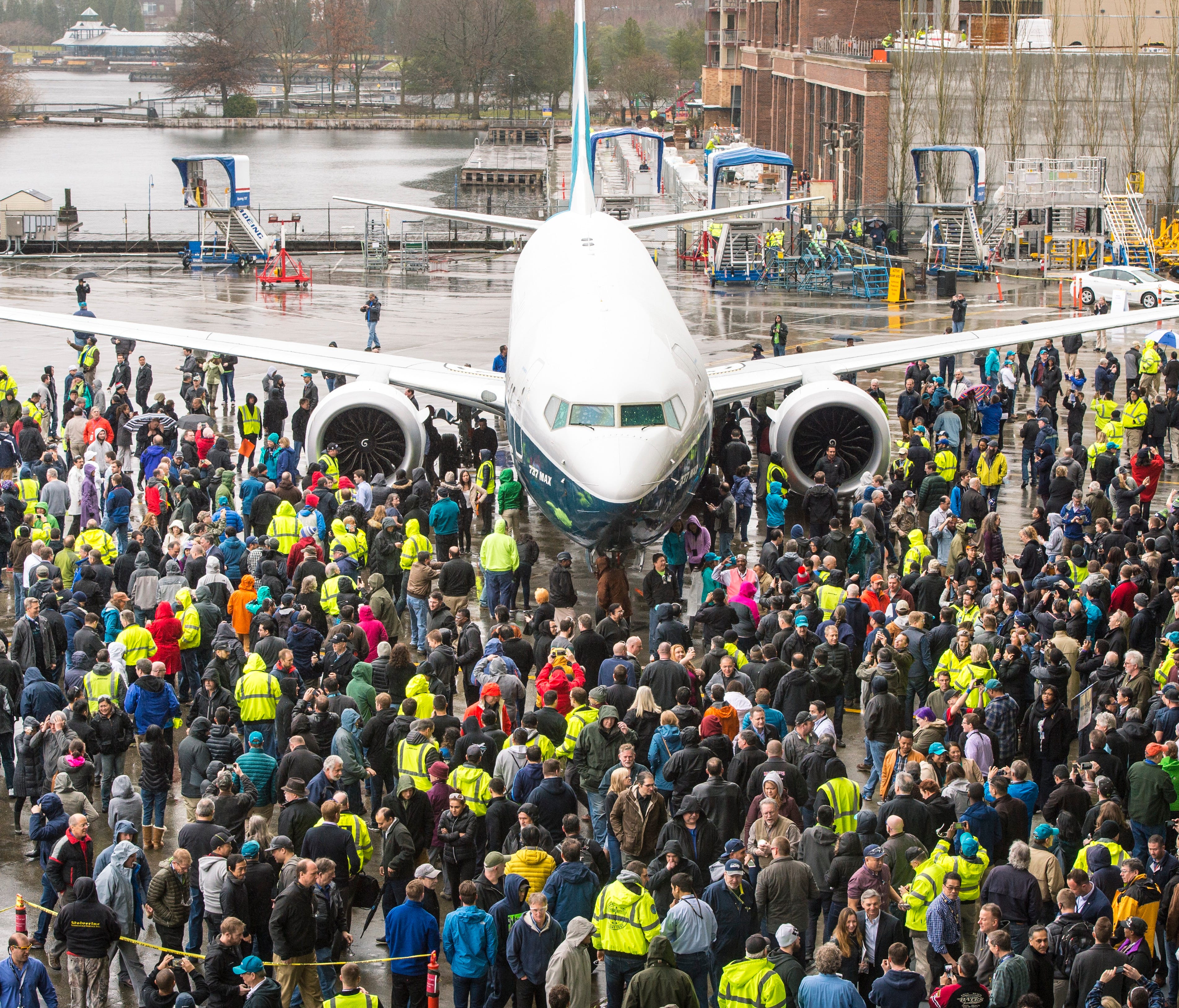 Boeing's MAX 9 is viewed by the company's employees outside the Renton factory doors on March 7, 2017.