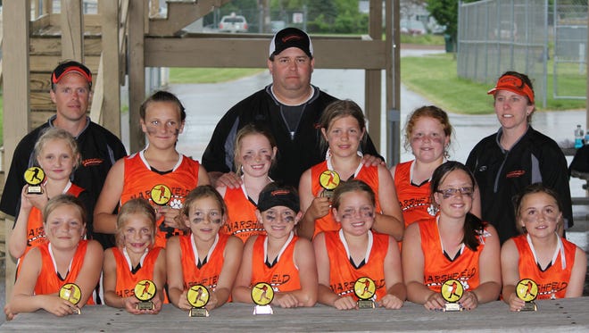 The Marshfield Fastpitch 10U team placed first at its own tournament. Pictured in the front for, from left to right: Brianna Jakobi, Ashlyn Barwick, Sandra Costa, Sydney Newmier, Lydia Schaefer, Ayva James, and Madison Vass. Middle row: Stephanie Mews, Madalen Bornbach, Courtney Donahue, Loryn Jakobi and Brooklyn Bohman. Back row: Coaches Wayne Jakobi, Danny Costa and Shana Bohman.