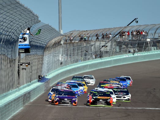 Denny Hamlin (11) and Martin Truex Jr. (78) lead a
