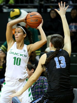 Oregon guard Lexi Bando (10) passes the ball against Warner Pacific during an exhibition game inside Matthew Knight Arena, Wednesday, November 11, 2015, at the University of Oregon in Eugene, Ore.
