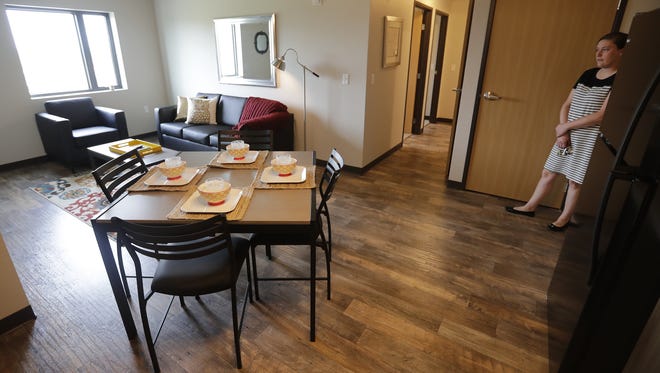 Inside view of the common area of a four bedroom apartment at The Orchards, a student residence hall that opened this year at Northeast Wisconsin Technical College.