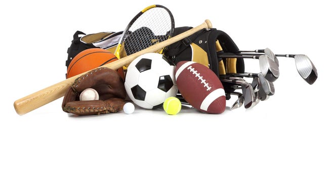 Assorted sports equipment on a white background
