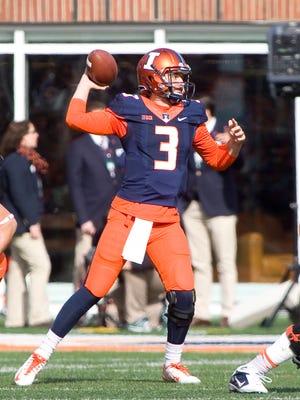 Nov. 5, 2016 in Champaign, Ill.: Illinois quarterback Jeff George Jr. sets up to pass against the Michigan State during the first quarter at Memorial Stadium.