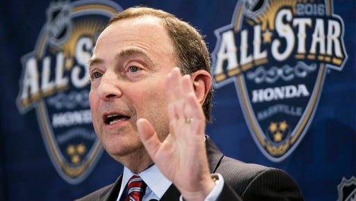 NHL commissioner Gary Bettman speaks at a news conference before the NHL All-Star hockey game skills competition Saturday, Jan. 30, 2016, in Nashville, Tenn. (AP Photo/Mark Humphrey)