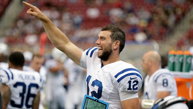 A happy Andrew Luck in the second half of the Colts game Saturday, August 29, 2015, evening at the Edward Jones Dome in St. Louis MO.