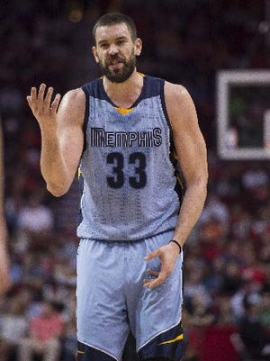 Jan 13, 2017: Memphis Grizzlies center Marc Gasol (33) argues a call during the first quarter against the Houston Rockets at the Toyota Center.