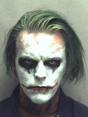 This photo provided by the Winchester Police Department shows Jeremy Putman, who police in Winchester, Va., arrested Friday, March 24, 2017, after callers reported seeing him walking, wearing a cape, carrying a sword and made up as the Batman villain the Joker. Authorities charged Putman with wearing a mask in public, a felony that can result in a sentence of a year in jail. (Winchester Police Department via AP)