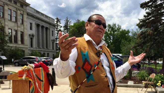 James Stgoddard describes how his Blackfeet background will be an asset as he announces at the Montana Capitol his candidacy Tuesday for U.S. Congress.
