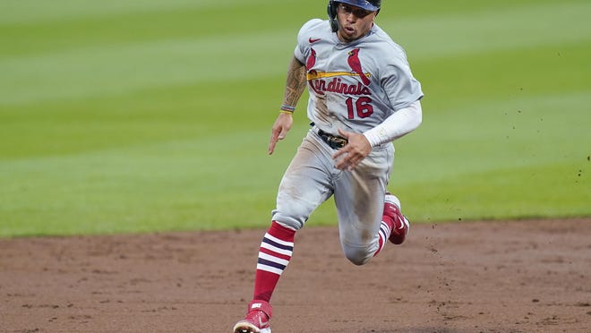 St. Louis Cardinals second baseman Kolten Wong (16) runs the bases in Cincinnati on Tuesday.
