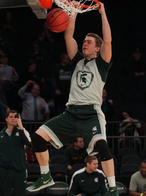 MSU guard Keenan Wetzel (15) dunks the ball during practice prior to the NCAA tournament east regional in March at Madison Square Garden in New York.