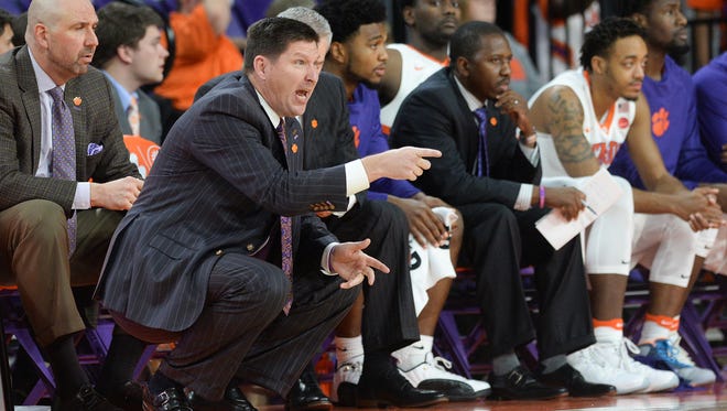Clemson head coach Brad Brownell coaches against UNCW during the 1st half on Wednesday, December 28, 2016 at Clemson's Littlejohn Coliseum.