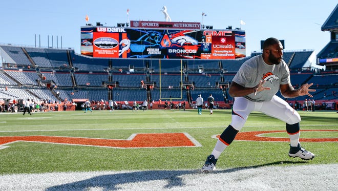 Denver Broncos offensive tackle Russell Okung warms up before a game last season. Okung could be a free-agent target of the Seahawks, for whom he played from 2010-15.