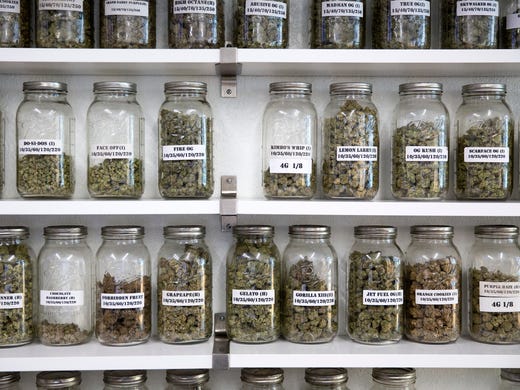 Mason jars with loose marijuana flowers are seen at